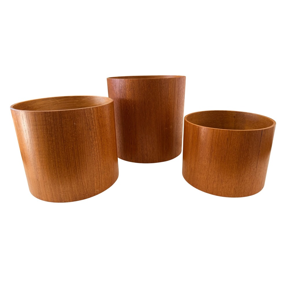 Teak Wood Planter Organizer Canister Set 3pc MCM Nested Cylindrical Minimalist